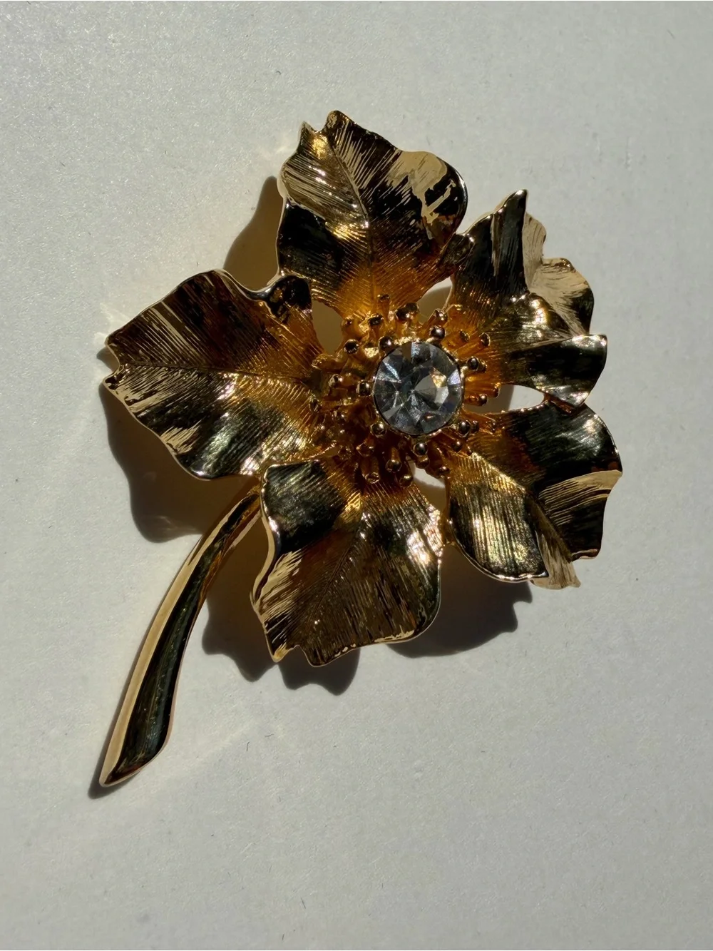 Gold Flower Brooch with Clear Crystal Center - New View